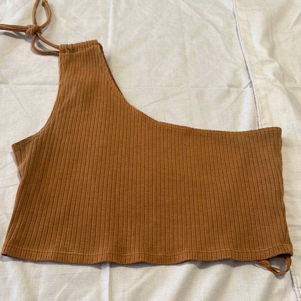 Brown Ribbed One-Shoulder Top - Picture 2 of 5